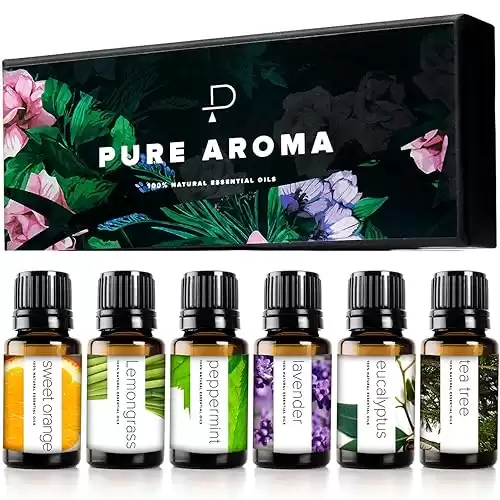 PURE AROMA Essential oils 100% Pure Therapeutic Grade Oils kit- Top 6 Aromatherapy Oils Gift Set-6 Pack, 10ML(Eucalyptus, Lavender, Lemon grass, Orange, Peppermint, Tea Tree)