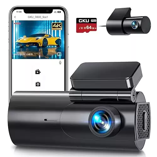 Dash Cam Front and Rear Camera, 4K/2.5K with 64GB SD Card