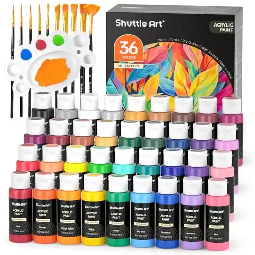 Shuttle Art Acrylic Paint Set, 36 Colors Acrylic Paint with Brushes & Palette, 2oz Bottles, Rich Pigments Non-toxic Paint for Artists Kids & Adults, Art Supplies for Canvas Rock Ceramic Wood P...