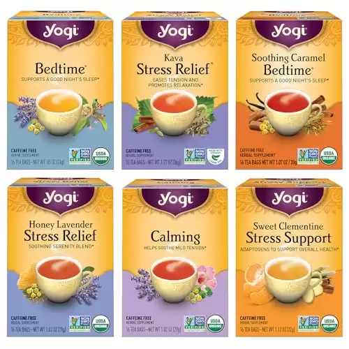 Yogi Tea Stress Relief & Herbal Tea Variety Pack - 16 Tea Bags per Pack (6 Packs) - Organic Herbal Tea Sampler - Includes Bedtime Tea, Kava Stress Relief Tea, Soothing Caramel Bedtime Tea & Mo...