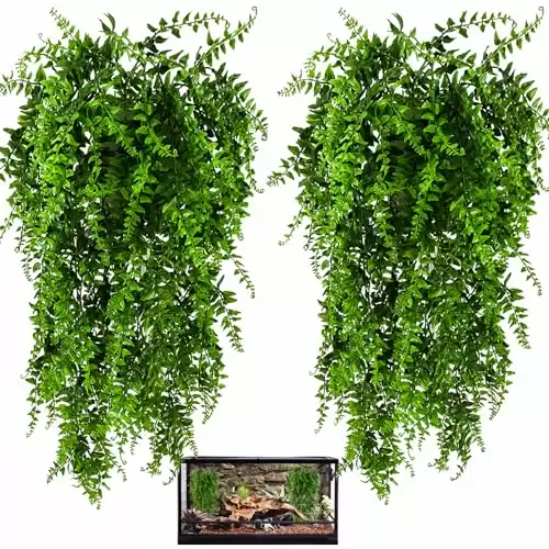 HERCOCCI 2 Pack Reptile Plants, Terrarium Hanging Plants Vines Artificial Leaves Habitat Decorations with Suction Cup for Bearded Dragon Hermit Crab Lizard Snake Geckos Chameleon