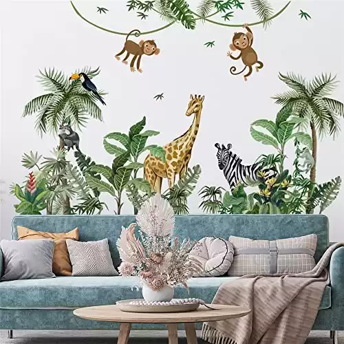 Large Size Tropical Palm Leaf, Animals Jungle Wall Decals For Nursery