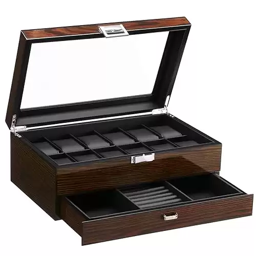 Luxury Watch Box Case with Valet Drawer and Glass Top